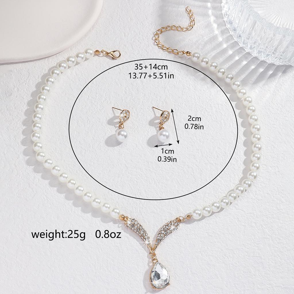 3PC Women's Fashion Trend Pearl Droplet Necklace Earrings Zircon Set Wedding Banquet Party Festival Gift