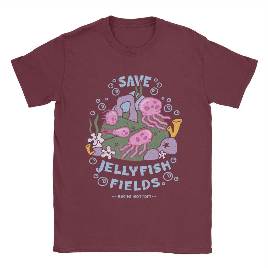 SpongeBobed Save Jellyfish Fields Bikini Bottom T-Shirts for Men Pure Cotton Tee Shirt Short Sleeve T Shirts Summer Clothes