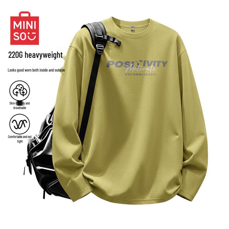 MINISO Men's Casual Long Sleeve Waffle Texture Crew Neck T-Shirt