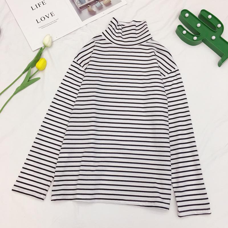 

Футболка унисекс в черно-белую полоску с высоким воротником и длинными рукавами для пар, корейский стиль M белый