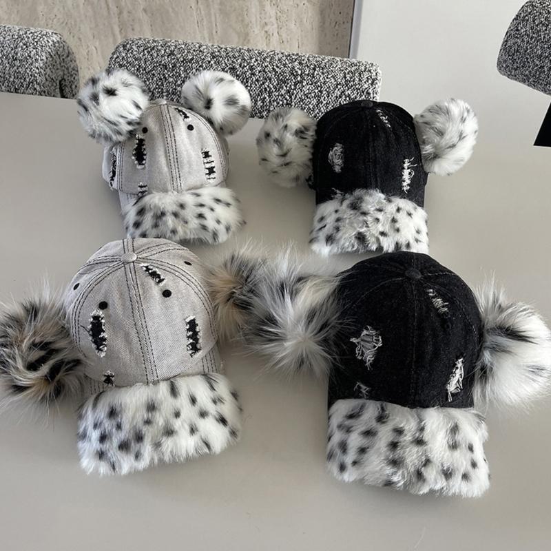 Fashionable Baseball Caps Unique Pompoms Furry Brim Dotted Pattern for Idol Concert Shows Stage Dance Headwear