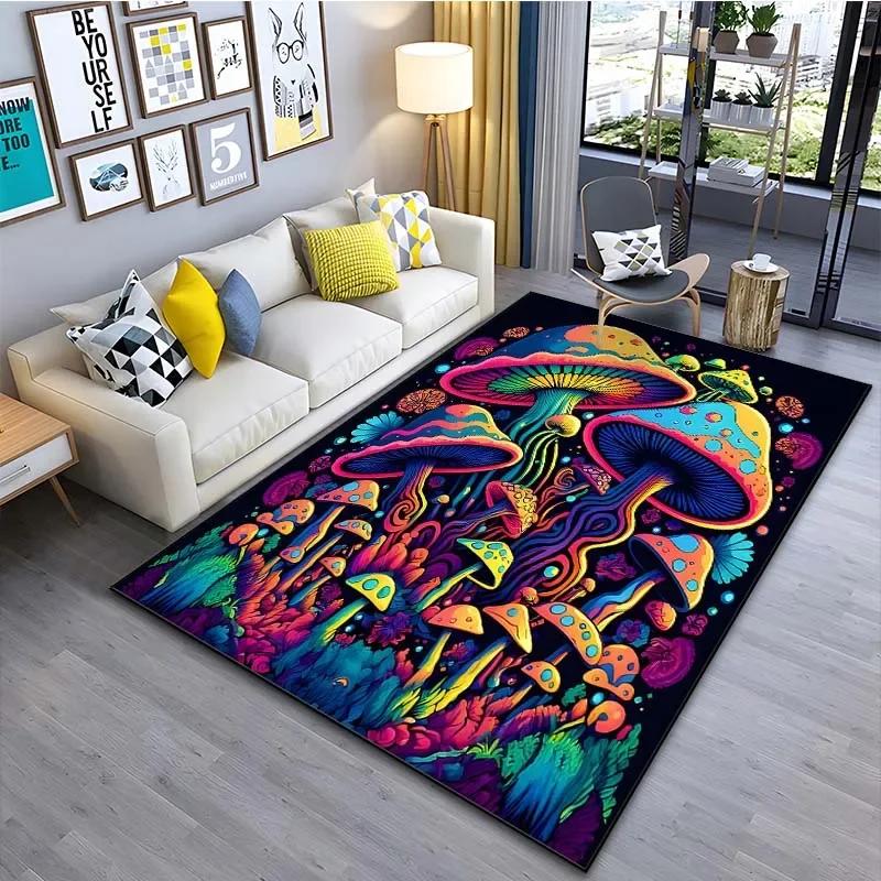 Fantasy Forest Mushroom Pattern Area Rug for Living Room Bedroom Bedside Non-Slip Floor Mat Nature-Inspired Home Decor