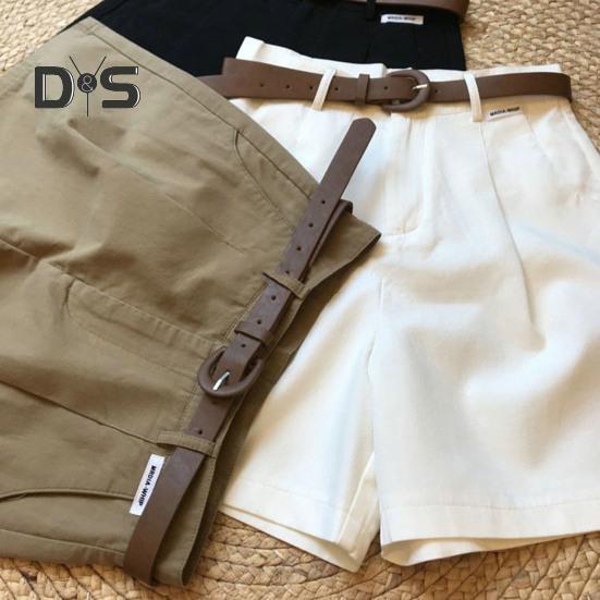 Women Summer Shorts A line Solid Color With Belt High Waist Suit Shorts Loose Pockets Zipper Button Closure Lady Dating Commute Shorts