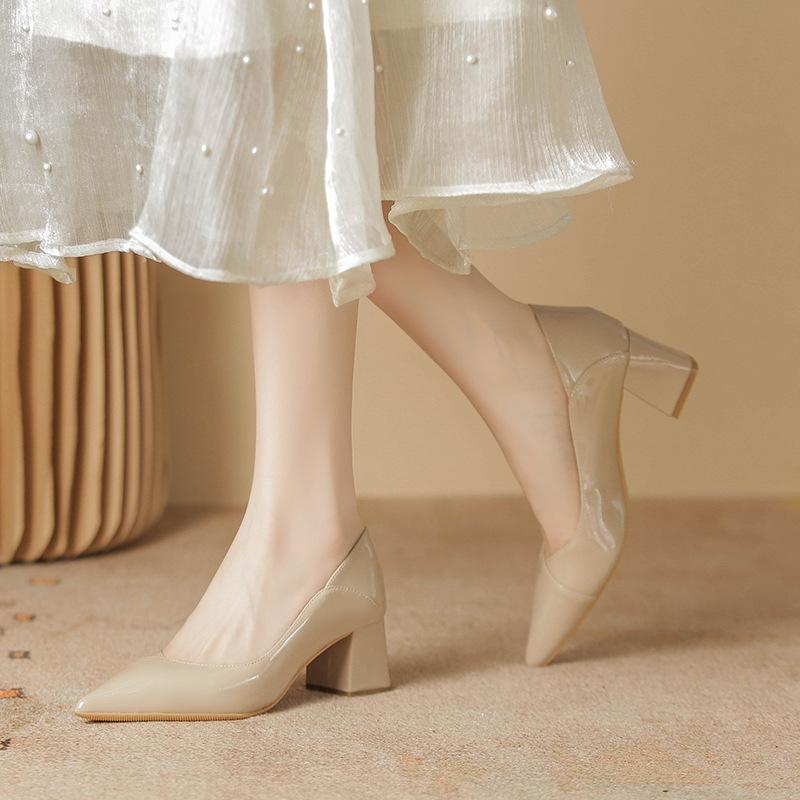 Nude High Heels Women's New Spring Pointed Head Light Mouth Wedding Shoes Thick Heel Bridesmaid Shoes Single Shoes Women