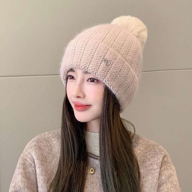 Rabbit Fur Knitted Hat Women's Autumn and Winter Warm Wool Hat New Velvet Ear Protector