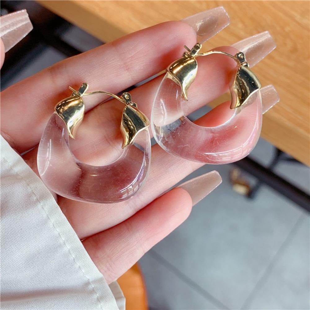 Personality Exaggeration Transparent and Red U-shape Hoop Earrings for Women Charm Amber Acrylic Dangle Zircon Accessory Gift