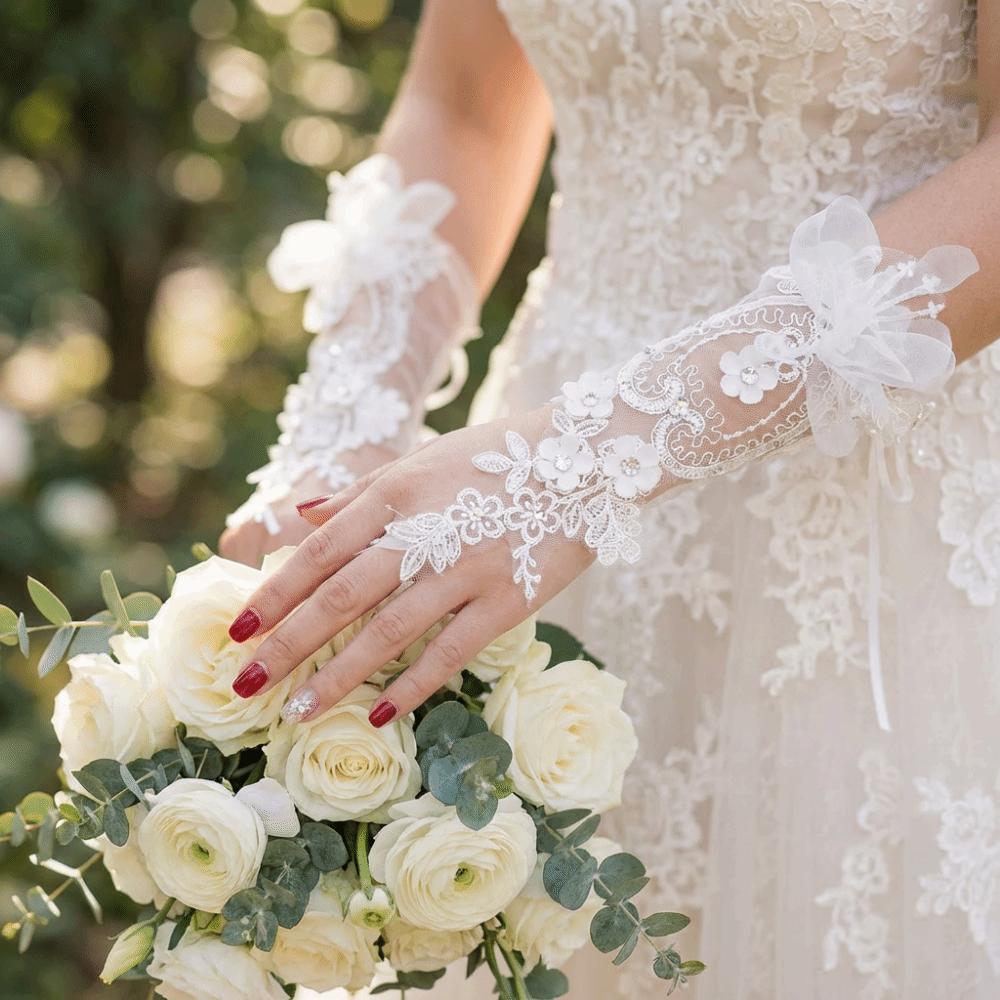 1 Pair Classic Bride Gloves Flower Finger Hook Lace Gloves Wedding Ceremony