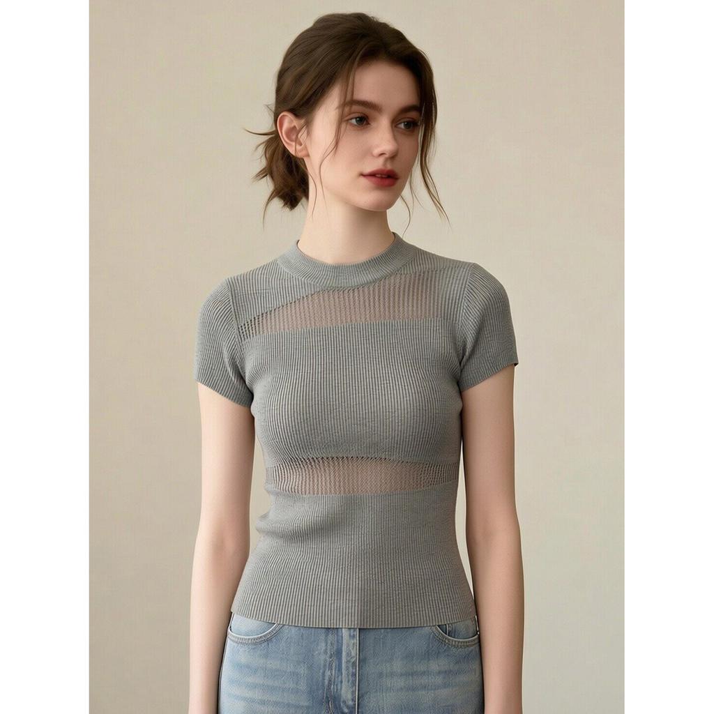 French gray hollow ice silk short-sleeved knitted T-shirt women's summer spice girl micro-transparent design sense slim and thin top