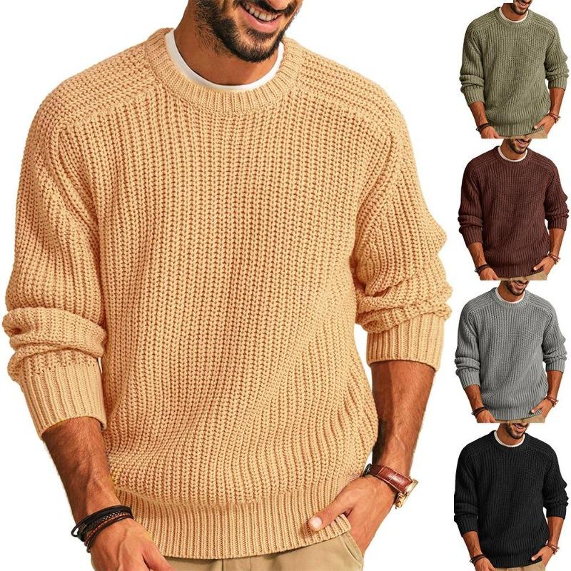 Maglione da Uomo a Manica Lunga Tinta Unita Girocollo Maglia Lavorata a Maglia Pullover Retro Largo Maglione Jumper
