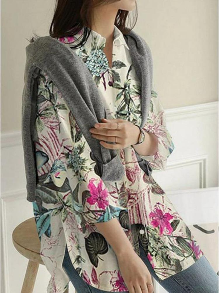 2024 Locker sitzende Langarm-Tops mit Druck Baumwolle Leinen Bequeme Freizeitbluse