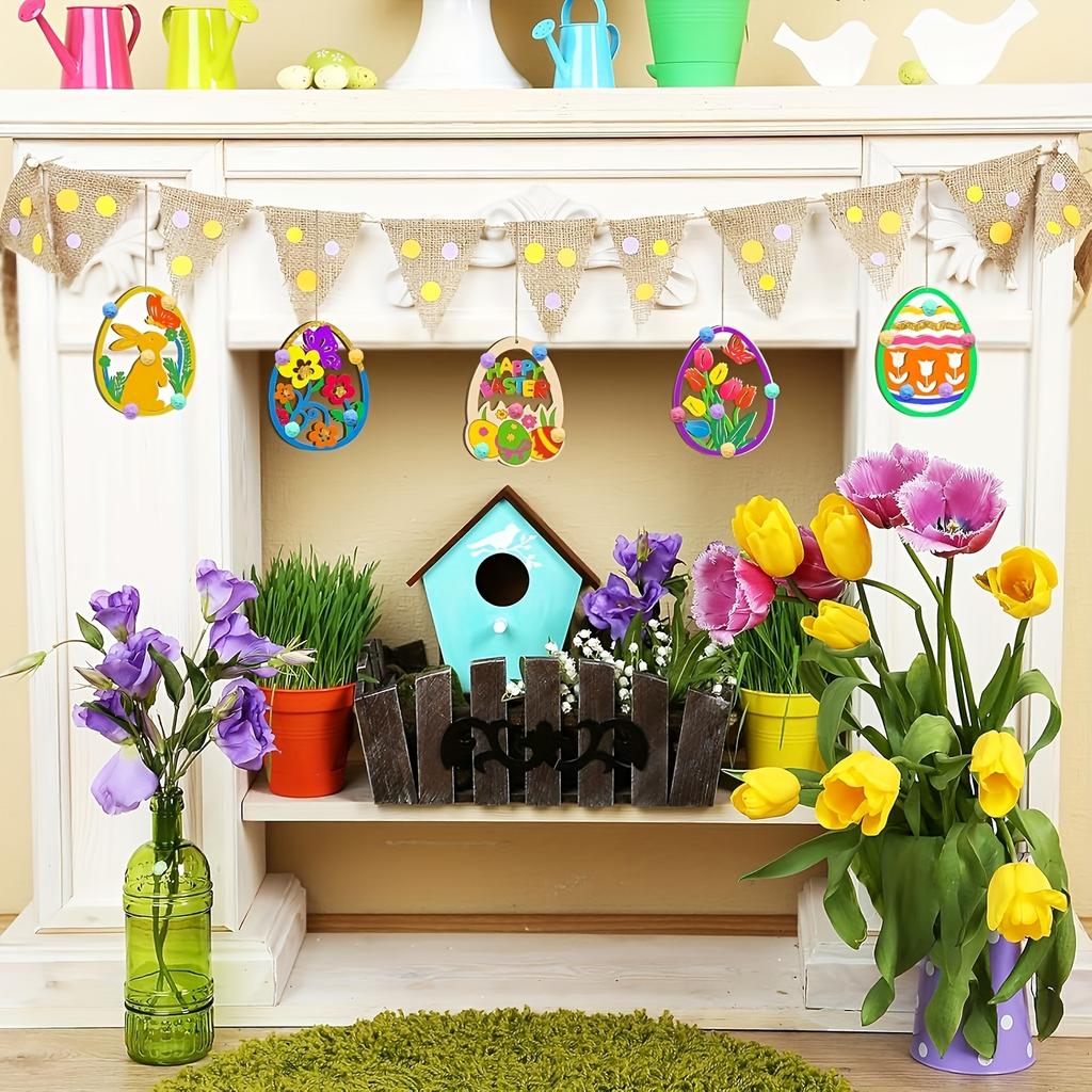 2D Flat Easter Bunny Eggs Including 10 Jute Threads and 10pcs of Wood Easter DIY Decorations Festive Pendants Party Supplies