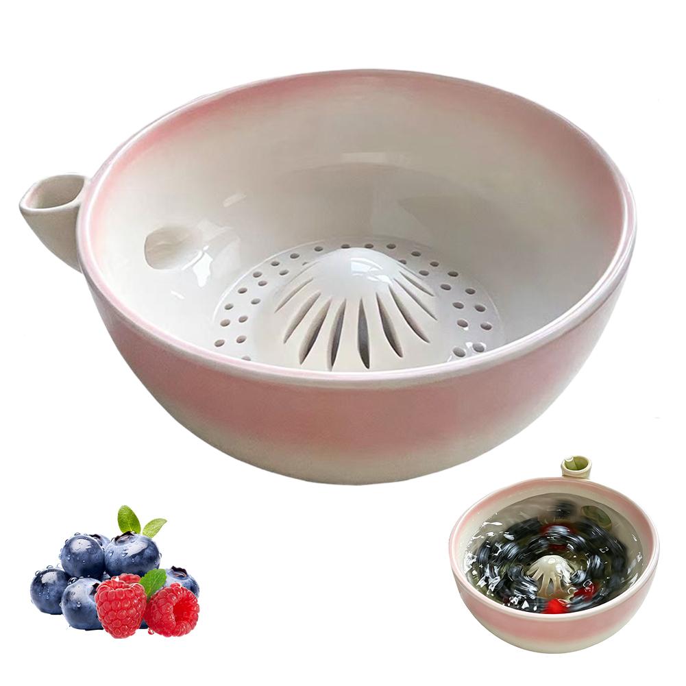 Ceramic Berry Rinse Bowl with Drainage Fruit Washer Spinner 360° Rotating Kitchen Cleaning Berries Vegetable Washer Spinner