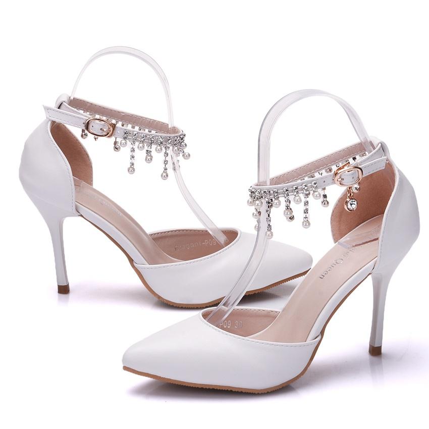 Pointed Toe Women Thin High Heels Rhinestone Tassel Pearls Shoes Pumps for Women White Pumps