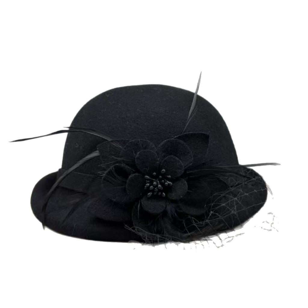 Internet celebrity sweet mesh camellia flower bucket hat female Hepburn style elegant top hat wool basin hat temperament shows small face