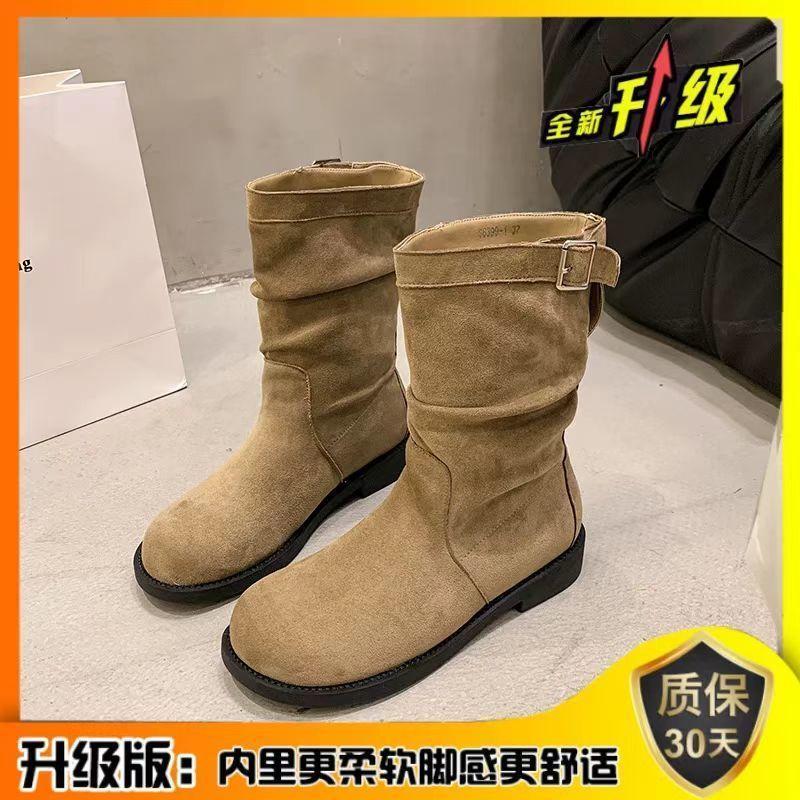 Pleated flat-bottomed stacked boots short boots women's spring and autumn single boots 2025 new autumn and winter Martin boots women's