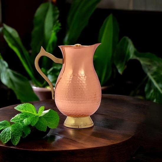 Brocca Ruggine in Rame con Coperchio, Design Tradizionale Ayurvedico, Capacità 1 Litro, Manico e Base in Ottone 20 Cm Regalo Compleanno Anniversario Meno