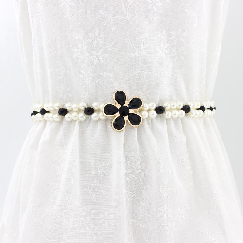 

Цветочная пуговица, инкрустированная стразами, жемчужная поясная цепочка, женский декоративный ремень для платья, эластичный пояс-корсет, милый чёрный