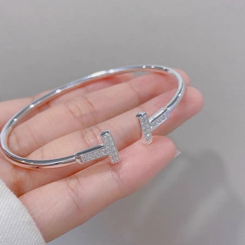 Women's Electroplated Double T Bracelet with CZ Diamonds Flexible Bracelet Delicate Gold Cuff Bracelet