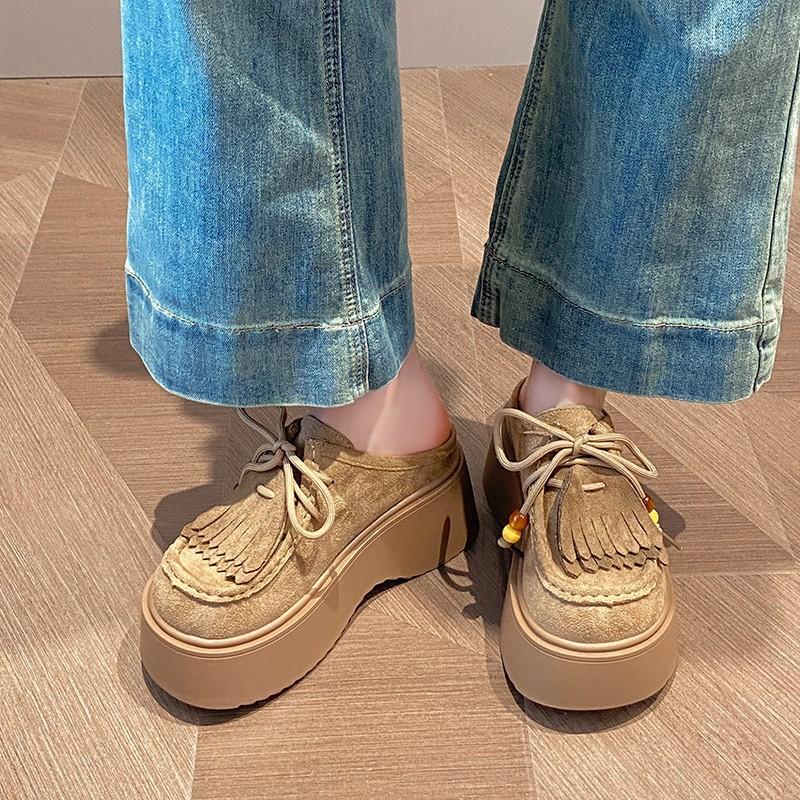 Mattes Leder Dicksohlige Fransen-Loafer für Damen 2025 Herbst neue Modelle, kleine Erhöhung, runde Spitze zum Schnüren, Taschenkopf Halbschlappen