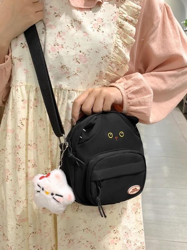Cute Cat Mini Shoulder Bag With Nylon Material And Zipper Closure For Daily Casual Use
