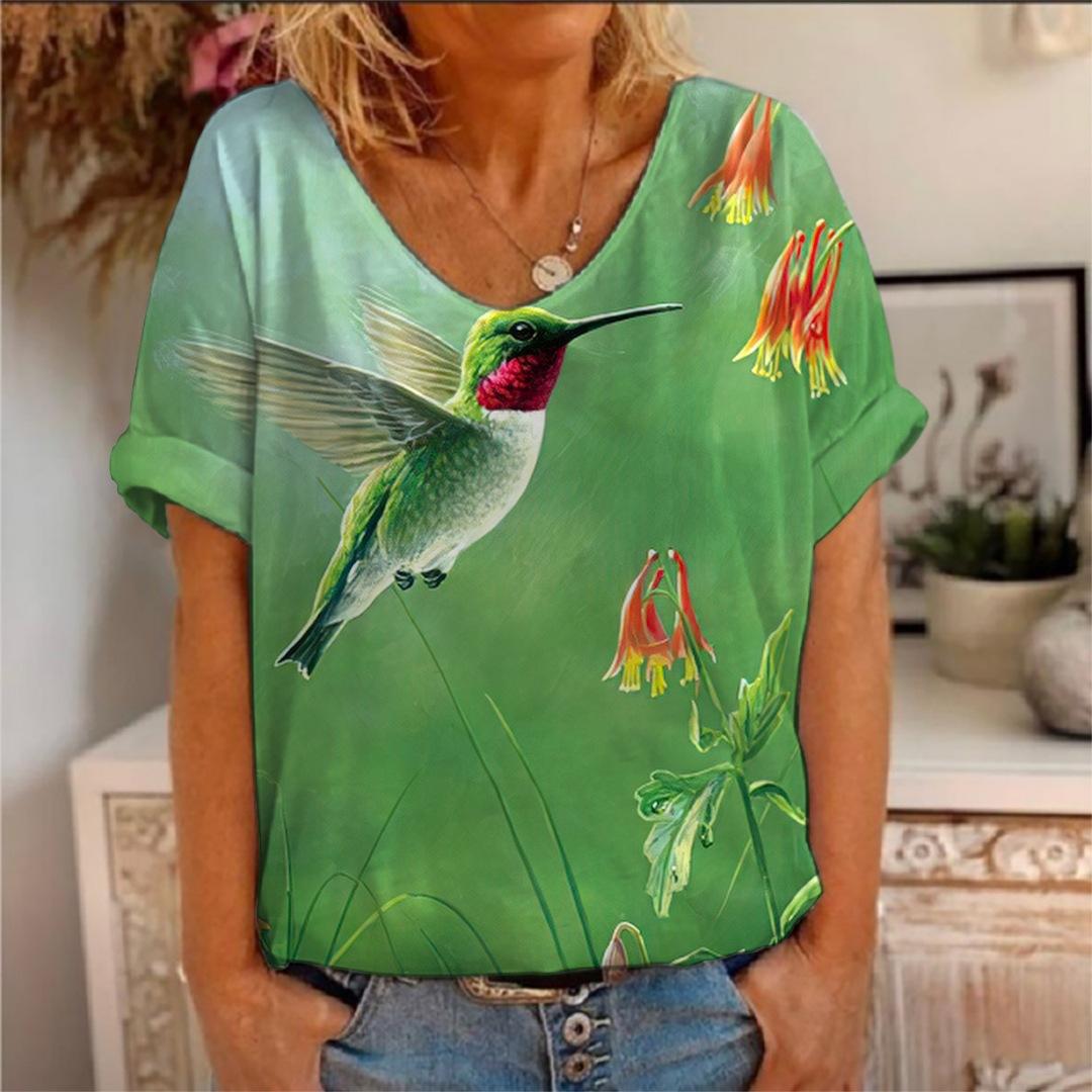 

Летний топ с V-образным вырезом, 3D цветочным принтом и принтом птиц, модные повседневные женские футболки с коротким рукавом XS
