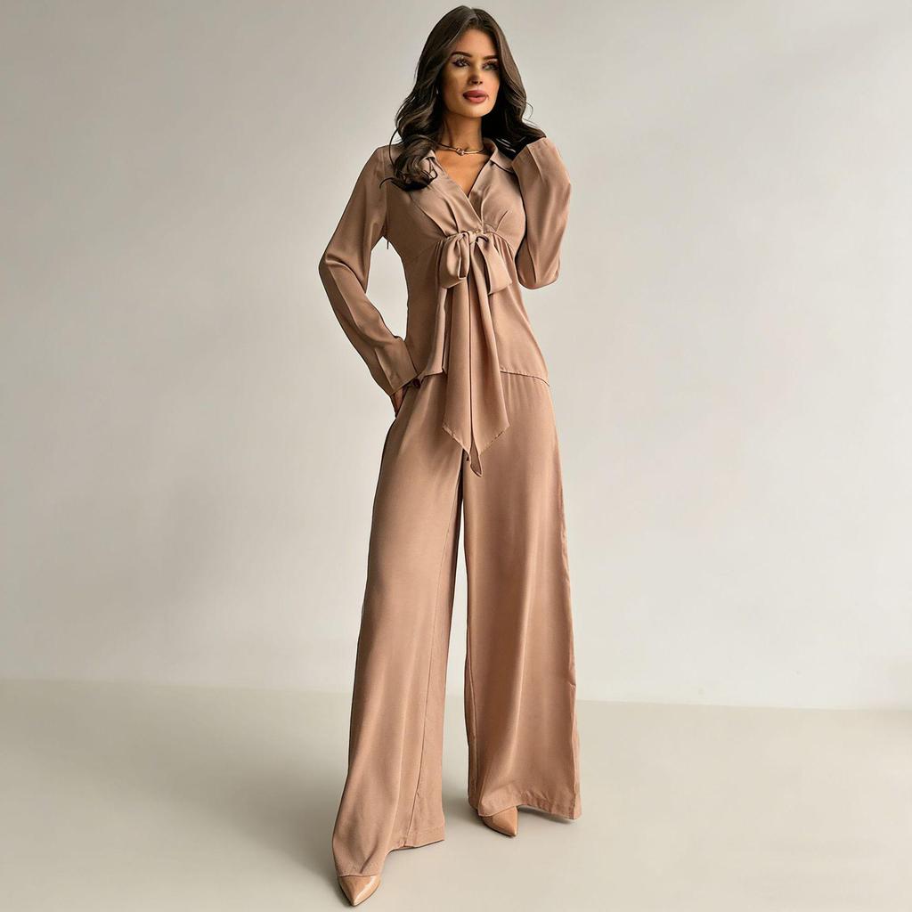 2025 Women's Autumn Casual Set: Solid Color Drawstring Top & Wide-Leg Pants