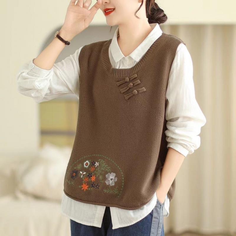 Vestă Tricotată de Damă, Nasturi Culturale, Brodată, Nouă de Primăvară și Toamnă, Vestă Pulover cu Gât Rotund
