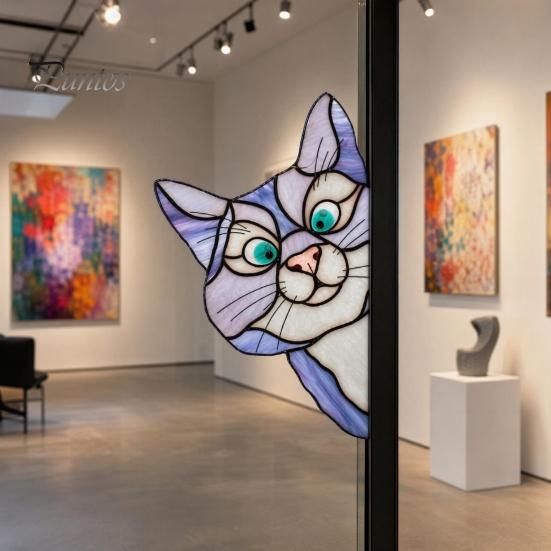 Sunlight Catching Cat Sticker Stained Glass Window Cling, Vintage Colorful Kitty Decal, Removable Static Decor for Door Wall Car, UV-Resistant