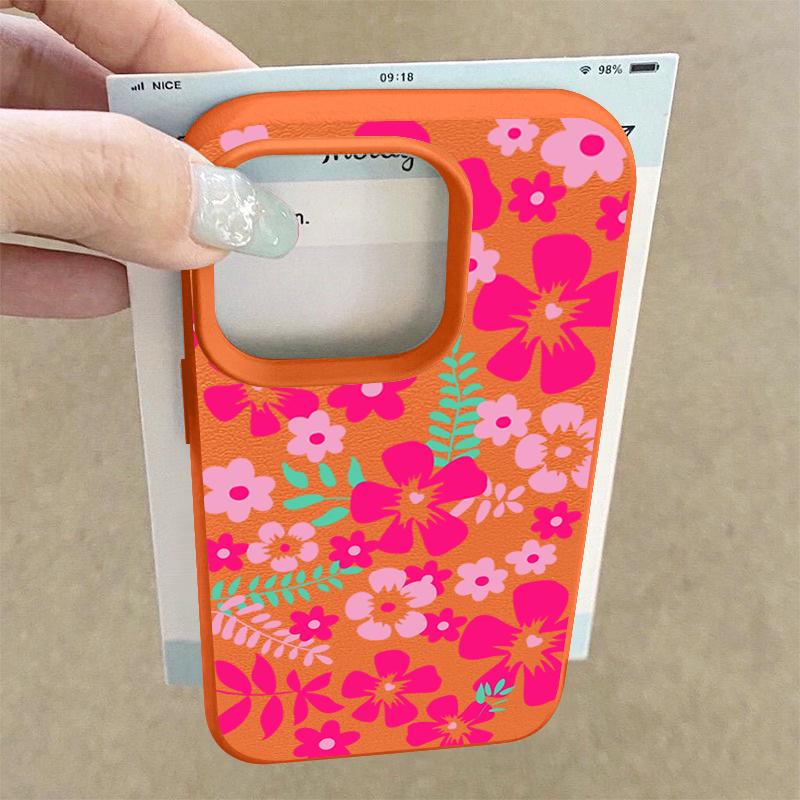 Hot Pink Blossom Print Protective Soft TPU Leather Texture Cover For iPhone 17 Pro Max Air 16e 15 14 13 Shockproof Case