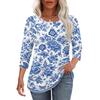 Women's Casual Loose Fit Top Round Neck Three Quarter Sleeve Blouse Button Detail Lightweight Fabric Relaxed Fit