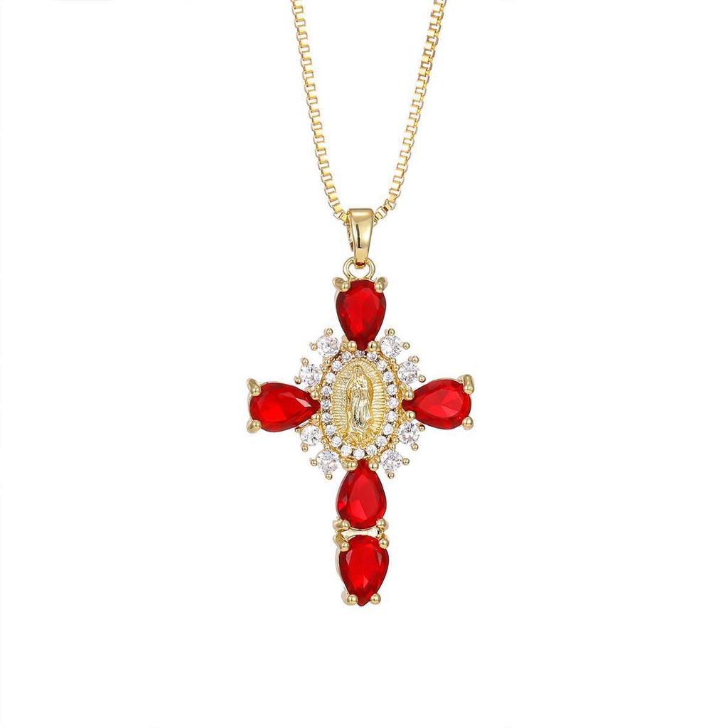 Gold-Plated Multi-Color Zirconia Cross Necklace with Full Diamond Design
