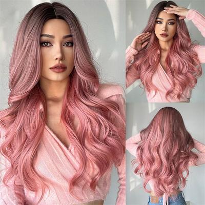 Elegant Fiber Wig Headgear Mid-Length Long Gradient Pink Female Curly Hair