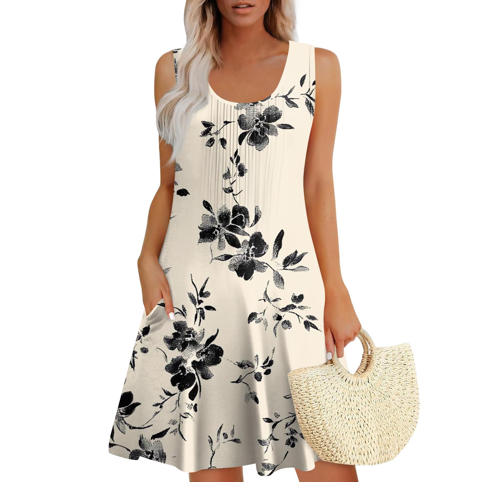 

Женские летние платья Свободные сарафаны без рукавов Платье с карманами M бежевый