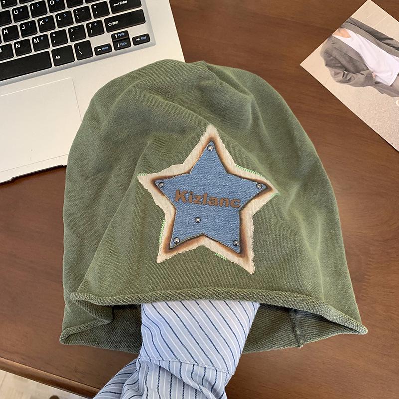 Korean Retro Distressed Star Knit Beanie for Women - Summer Thin, Versatile, Face-Slimming, Trendy Slouchy Hat. One Size зелёный