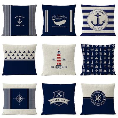 Capa de Almofada Decorativa para Casa Bússola Azul Marinho Âncora Náutica Concha Peixe Linho Capa de Almofada Mediterrânea