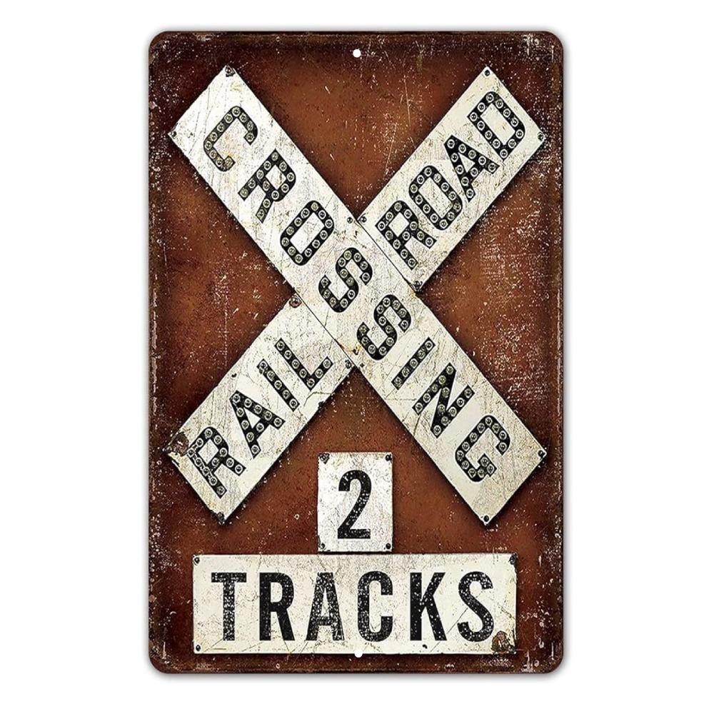 

Railroad Crossing Two 2 Train Tracks Sign Tin Vintage Look Garage Bar Decor