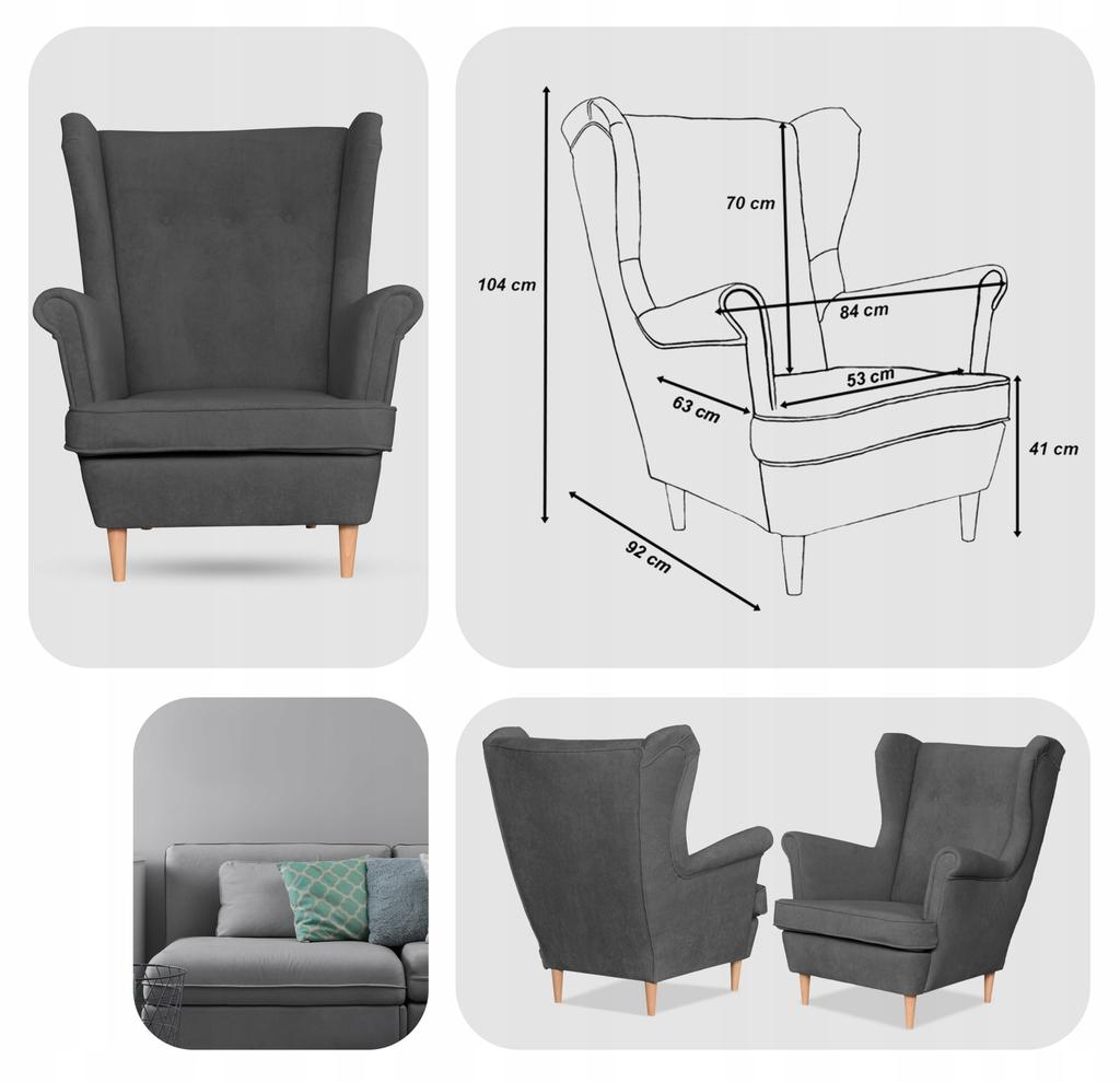 Fotel uszak skandynawski welur Hunter Family Meble szary