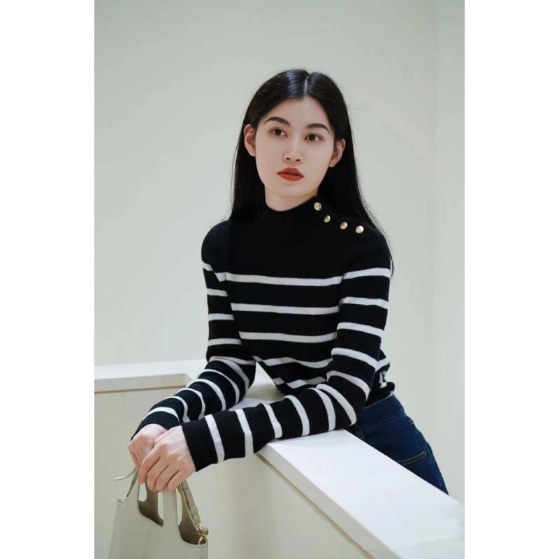 Autumn New Fashion Versatile High-end Striped Sweater Sweater Women's Chic Western Style Bottoming Shirt Top