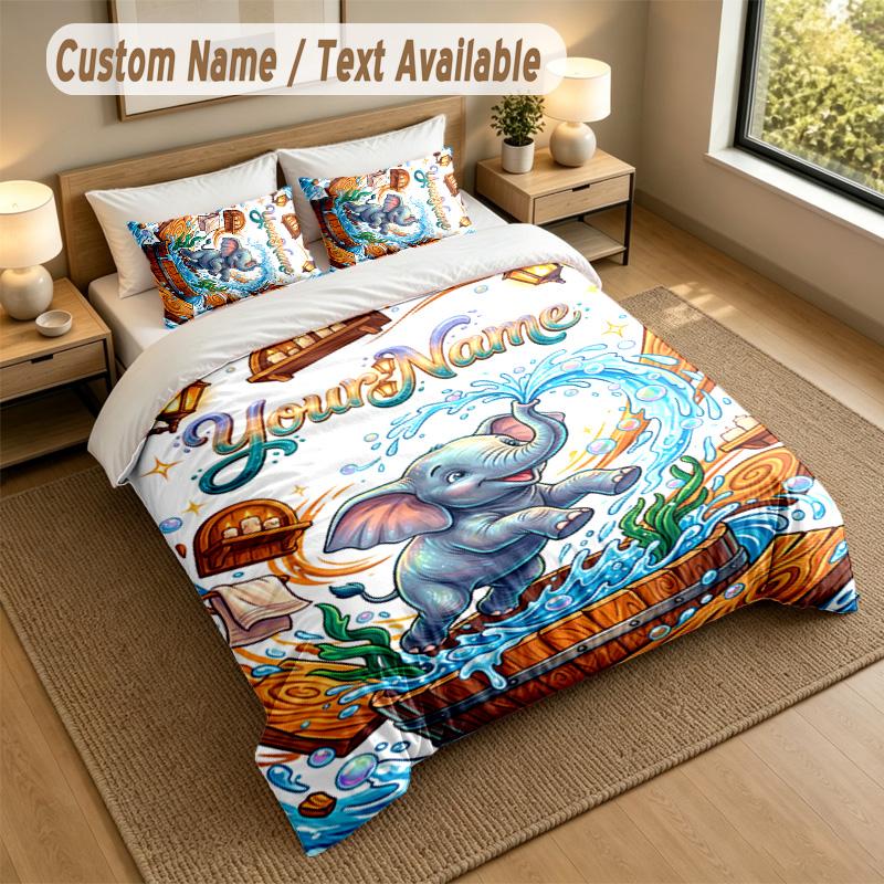 Elephant Theme Personalized 3Pcs Bedding Set Custom Text & Name 1 Sheet 2 Pillowcases Household Bedding 1pc