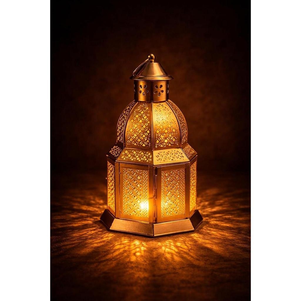 Gold Metal Moroccan Lantern with Cutwork (25 cm) + Tealight Included | Hanging Decorative