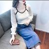 Chiffon Splice Knit Autumn New Fashionable Design Sense Small French Square Neck Slim Fit Long Sleeve Top