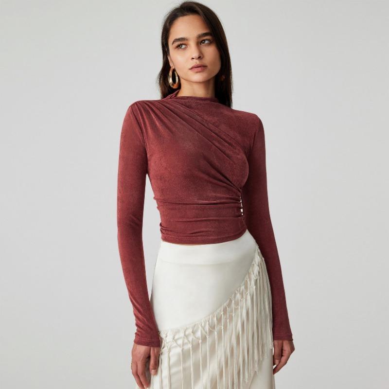 Autumn and Winter Slim Pullover Half High Neck Velvet Pleated Long Sleeve Top