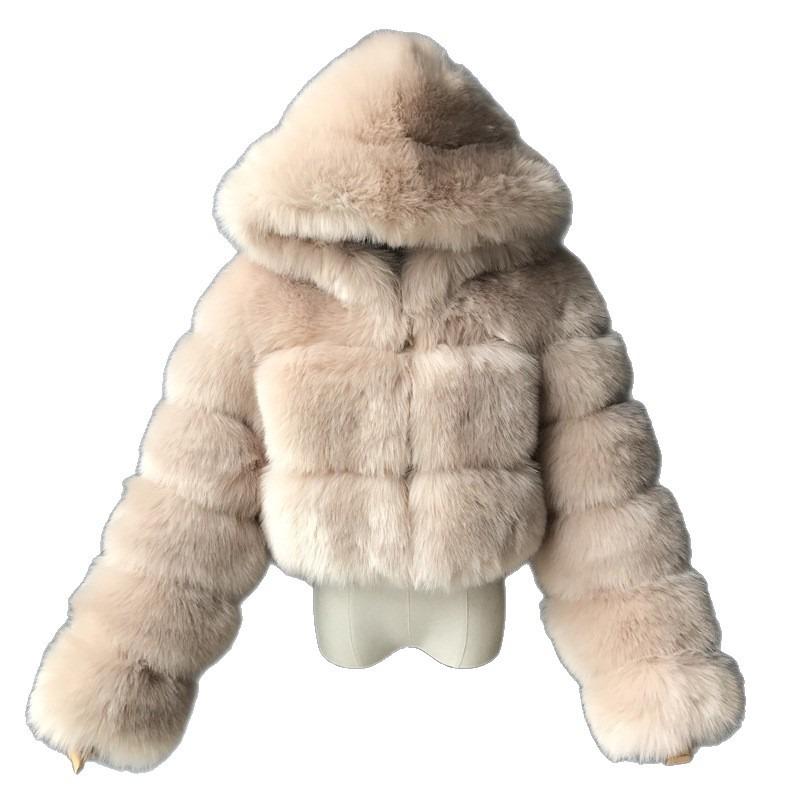 Short hooded jacket imitation fox fur long-sleeved fur splicing autumn and winter new thermal top