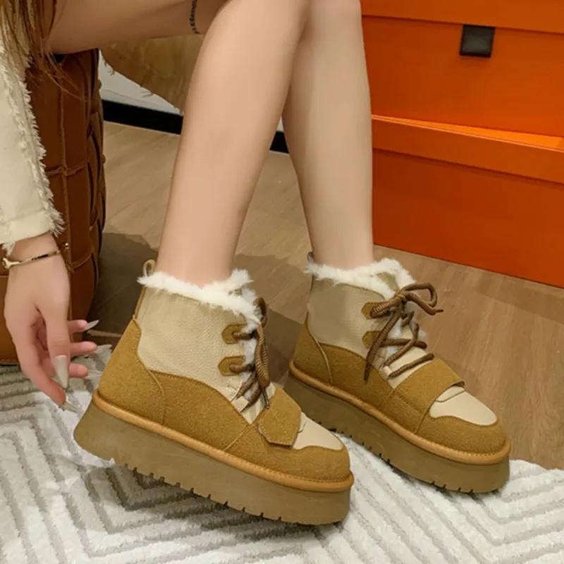 Womens Snow Boots 2024 Hot Sale Style Casual Lace-up Design Women's Thick Sole Ankle Boots Plush Warm Classic Winter Botas Mujer