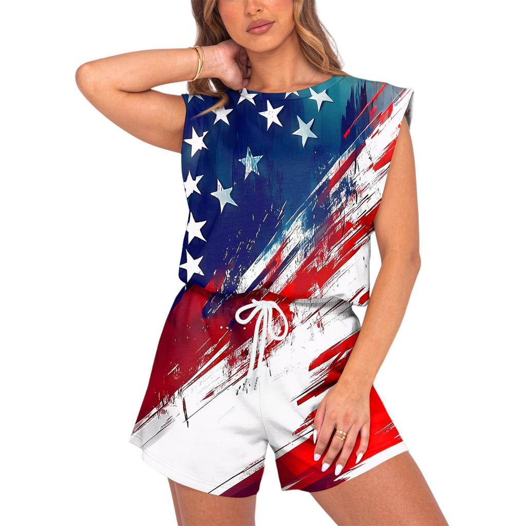Women's Jumpsuit Independence Day Print Spring Summer Cap Sleeves Adjustable Drawstring Waist Comfortable Casual Short Jumpsuit With Pockets
