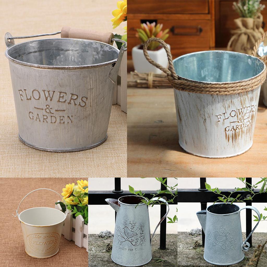 Vintage Metal Tin Flower Bucket Plants Herb Pot Tabletop Vases Container Watering Can with Handle Home Garden Hanging Decor