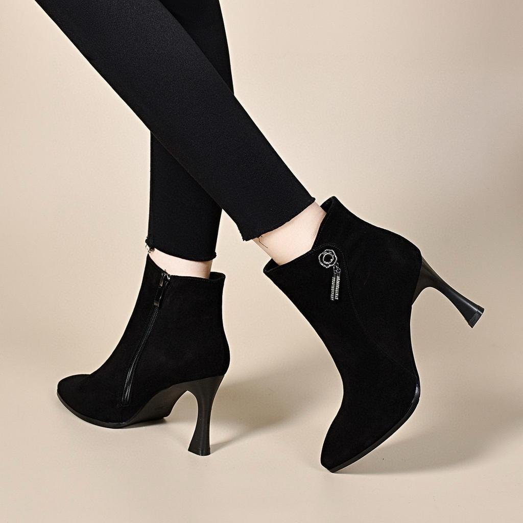 Pointed High-heeled Boots Women's Autumn and Winter New Thin-heeled Fashion Boots Black Fringed Flower Short Boots Ankle Boots