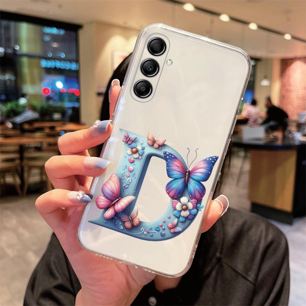 For Samsung Galaxy A54 A14 A34 A24 Blue Butterfly Flower Letters A-Z Couple Phone Case Transparent Clear Silicone Bumper Cover