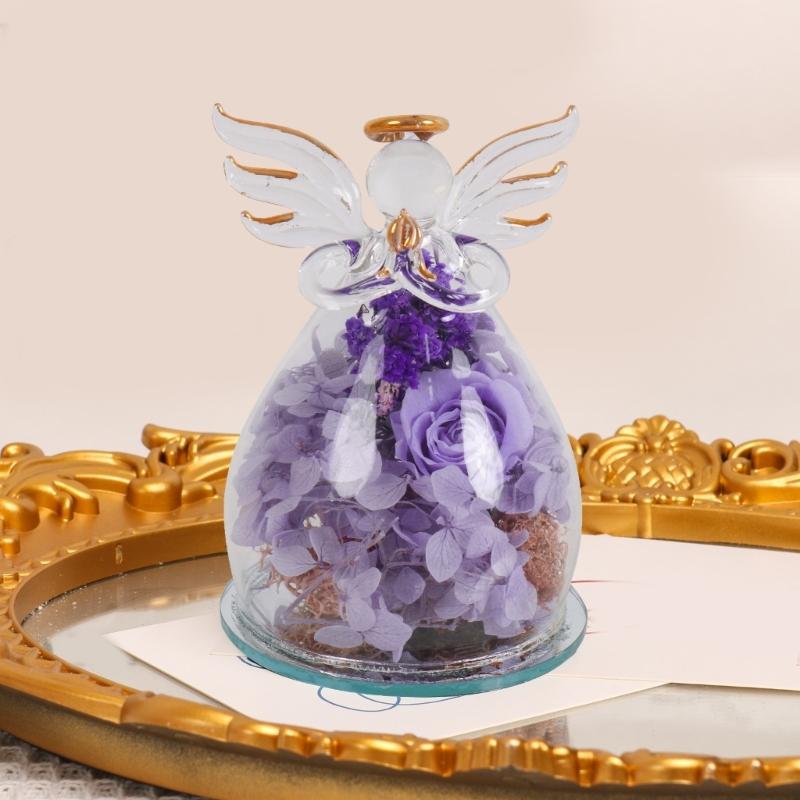 Artistic Angel Preserved Roses with Glass Cover Everlasting Flower Arrangement Home Ornament Handmade Gift