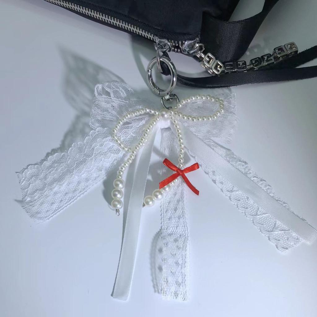 Elegant Pearls Bowknot Lace Charm Pendant Bag Decoration Bows Keychain Keyring Ornament Fashion Accessory For Women